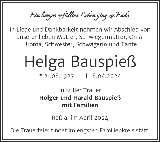 Traueranzeige von Helga Bauspieß von Trauerkombi Sangerhausen