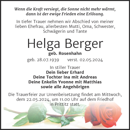 Traueranzeige von Helga Berger von Trauerkombi Weißenfels