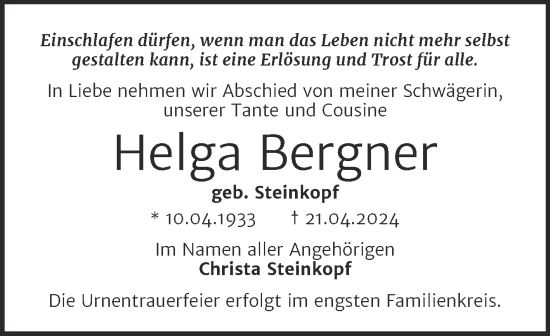 Traueranzeige von Helga Bergner von Trauerkombi Bernburg