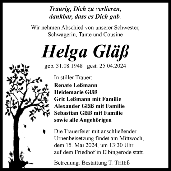 Traueranzeige von Helga Gläß von Volksstimme Wernigerode