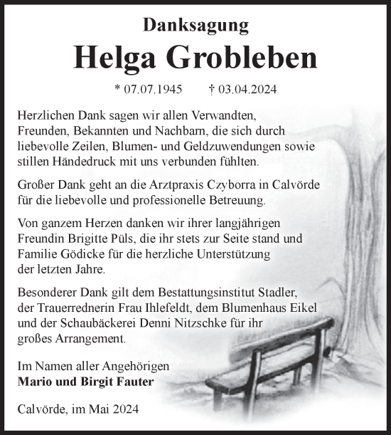 Traueranzeige von Helga Grobleben von Volksstimme Haldensleben/Wolmirstedt