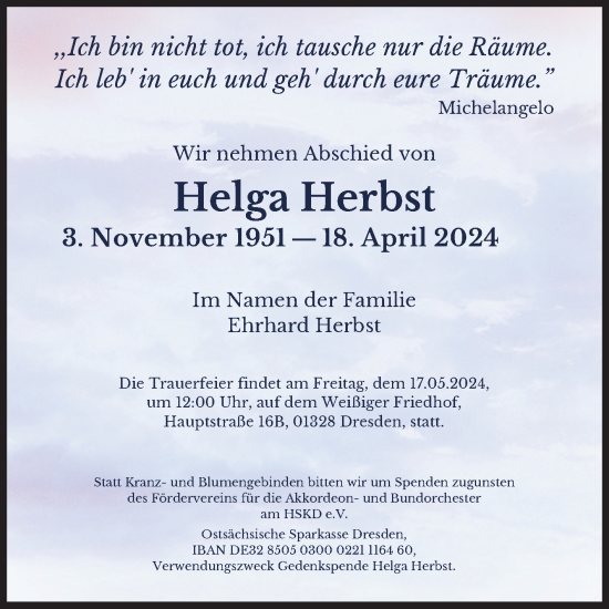 Traueranzeige von Helga Herbst von Volksstimme Halberstadt