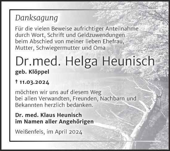 Traueranzeige von Helga Heunisch von Trauerkombi Weißenfels