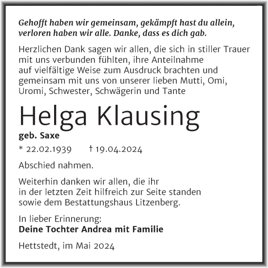 Traueranzeige von Helga Klausing von Mitteldeutsche Zeitung Mansfelder Land