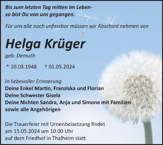 Traueranzeige von Helga Krüger von Trauerkombi Bitterfeld