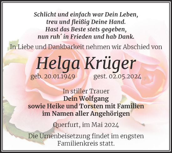 Traueranzeige von Helga Krüger von Trauerkombi Merseburg