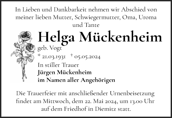 Traueranzeige von Helga Mückenheim von Mitteldeutsche Zeitung Halle/Saalkreis