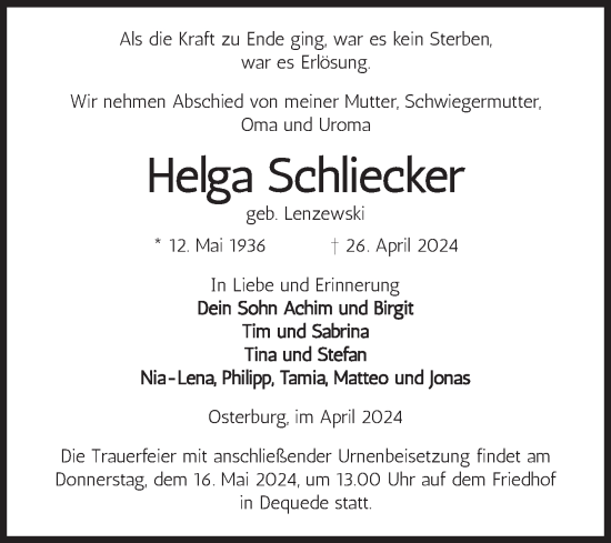 Traueranzeige von Helga Schliecker von Volksstimme Altmark Ost