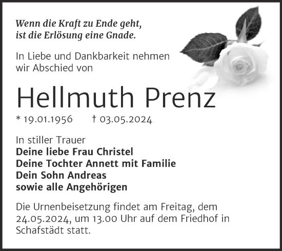 Traueranzeige von Hellmuth Prenz von Trauerkombi Merseburg