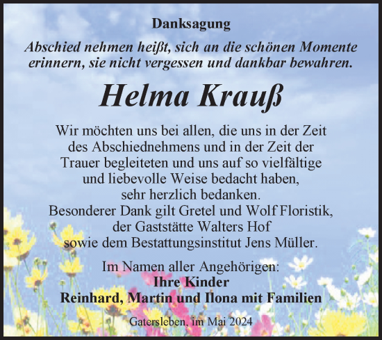 Traueranzeige von Helma Krauß von Trauerkombi Aschersleben