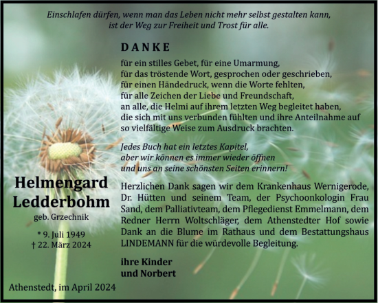 Traueranzeige von Helmengard  Ledderbohm von Volksstimme Halberstadt