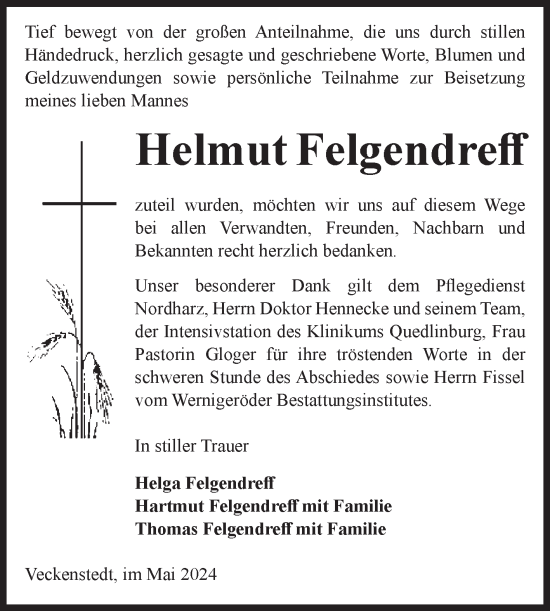 Traueranzeige von Helmut Felgendreff von Volksstimme Wernigerode
