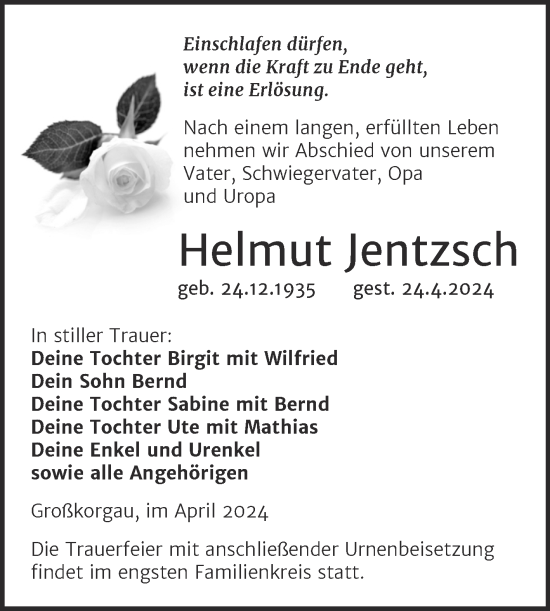 Traueranzeige von Helmut Jentzsch von Trauerkombi Wittenberg