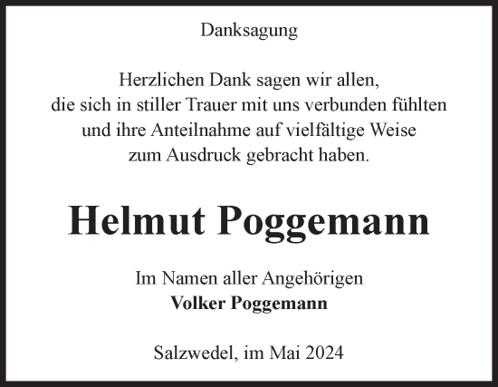 Traueranzeige von Helmut Poggemann von Volksstimme Altmark West