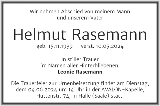 Traueranzeige von Helmut Rasemann von Mitteldeutsche Zeitung Halle/Saalkreis