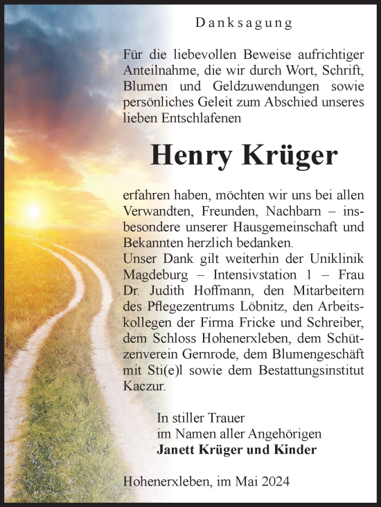 Traueranzeige von Henry Krüger von Volksstimme Staßfurt