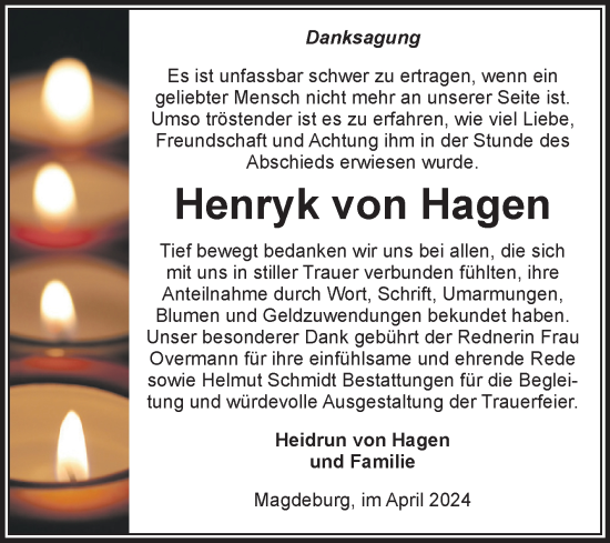 Traueranzeige von Henryk von Hagen von Volksstimme Magdeburg