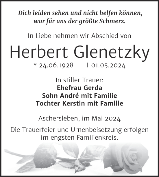 Traueranzeige von Herbert Glenetzky von Trauerkombi Aschersleben