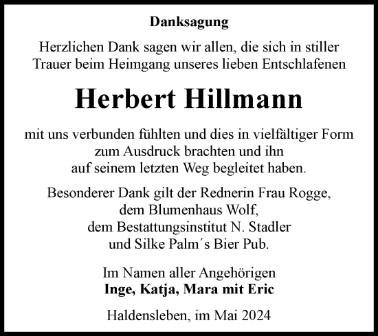 Traueranzeige von Herbert Hillmann von Volksstimme Haldensleben/Wolmirstedt