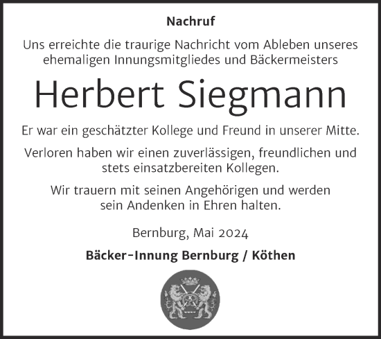 Traueranzeige von Herbert Siegmann von Super Sonntag Bernburg