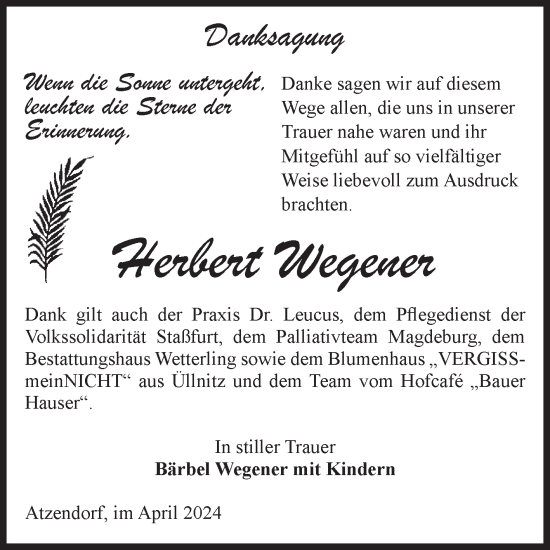Traueranzeige von Herbert Wegener von Volksstimme Staßfurt