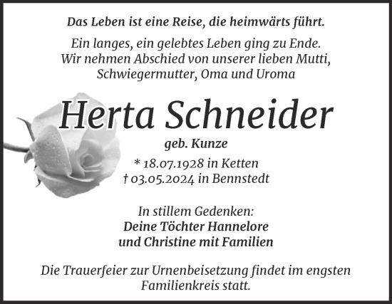 Traueranzeige von Herta Schneider von Mitteldeutsche Zeitung Halle/Saalkreis