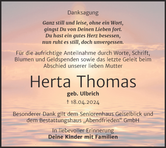 Traueranzeige von Herta Thomas von Trauerkombi Merseburg