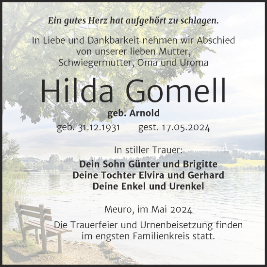 Traueranzeige von Hilda Gomell von Trauerkombi Wittenberg
