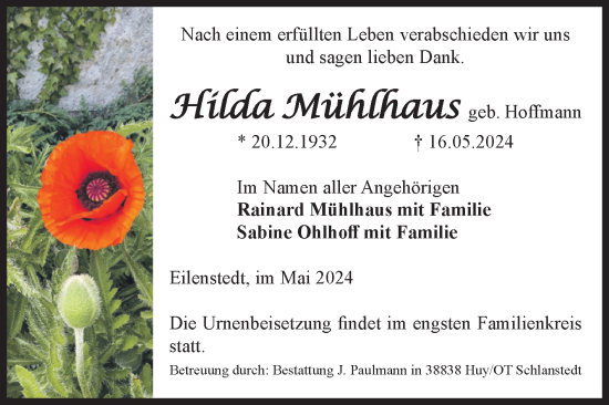 Traueranzeige von Hilda Mühlhaus von Volksstimme Halberstadt