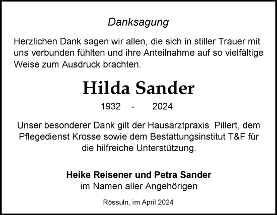Traueranzeige von Hilda Sander von Trauerkombi Weißenfels