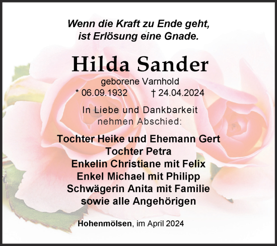 Traueranzeige von Hilda Sander von Trauerkombi Weißenfels