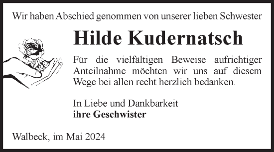 Traueranzeige von Hilde Kudernatsch von Volksstimme Haldensleben/Wolmirstedt