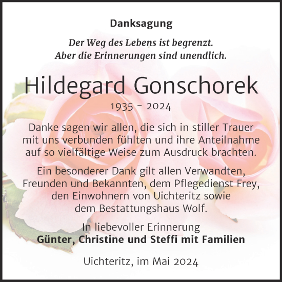 Traueranzeige von Hildegard Gonschorek von Trauerkombi Weißenfels
