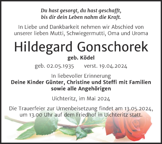 Traueranzeige von Hildegard Gonschorek von Trauerkombi Weißenfels