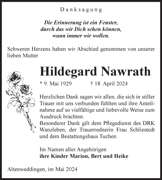 Traueranzeige von Hildegard Nawrath von Volksstimme Oschersleben/Wanzleben