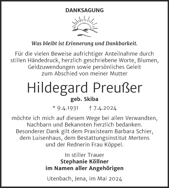 Traueranzeige von Hildegard Preußer von Super Sonntag Naumburg/Nebra