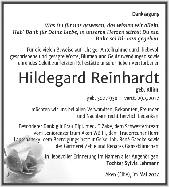Traueranzeige von Hildegard Reinhardt von Trauerkombi Köthen