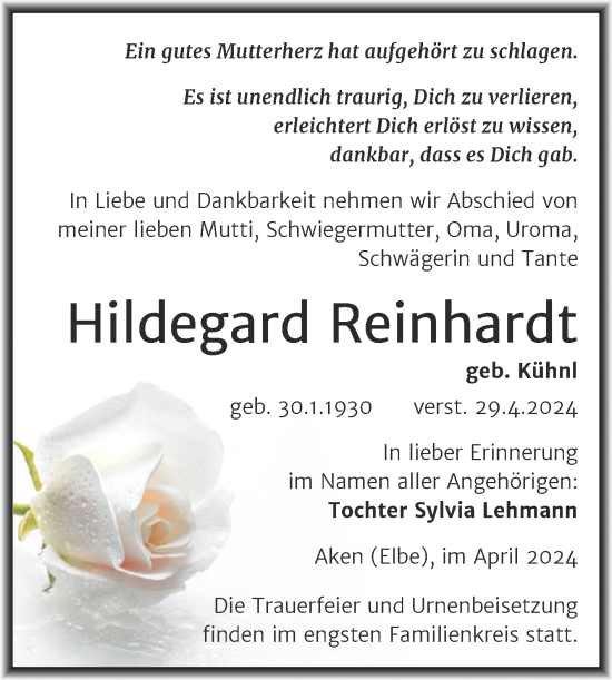 Traueranzeige von Hildegard Reinhardt von Trauerkombi Köthen