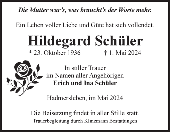 Traueranzeige von Hildegard Schüler von Volksstimme Oschersleben/Wanzleben