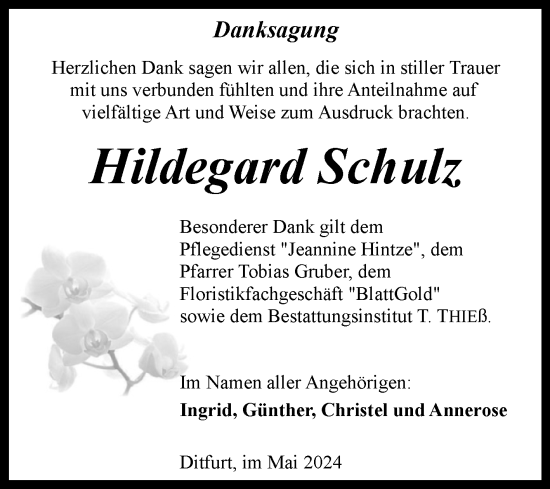 Traueranzeige von Hildegard Schulz von Trauerkombi Quedlinburg