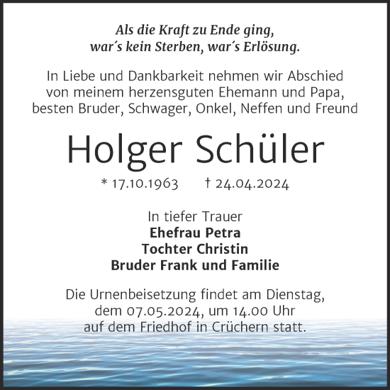 Traueranzeige von Holger Schüler von Trauerkombi Bernburg