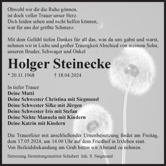 Traueranzeige von Holger Steinecke von Volksstimme Haldensleben/Wolmirstedt