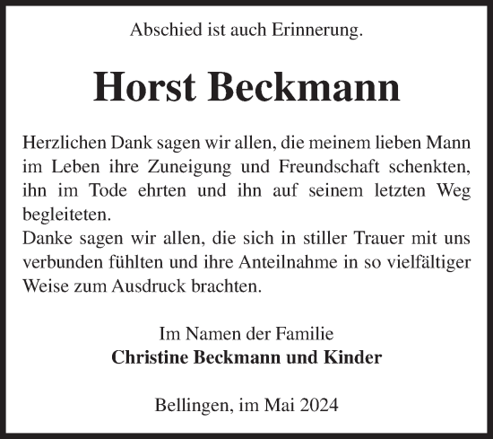 Traueranzeige von Horst Beckmann von Volksstimme Altmark Ost
