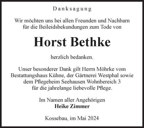 Traueranzeige von Horst Bethke von Volksstimme Altmark Ost