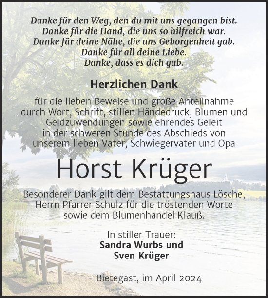 Traueranzeige von Horst Krüger von Trauerkombi Wittenberg