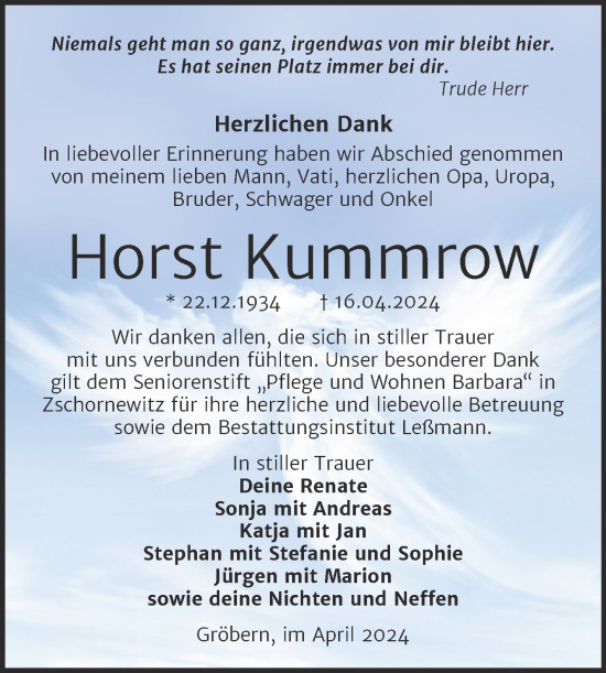 Traueranzeige von Horst Kummrow von Trauerkombi Wittenberg