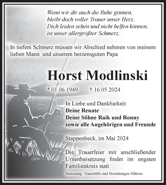 Traueranzeige von Horst Modlinski von Volksstimme Altmark West