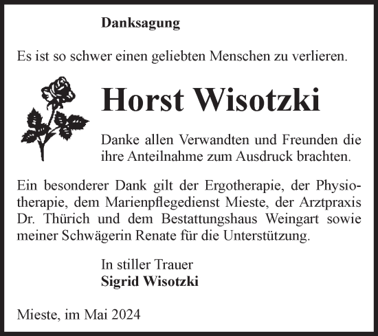 Traueranzeige von Horst Wisotzki von Volksstimme Altmark Ost