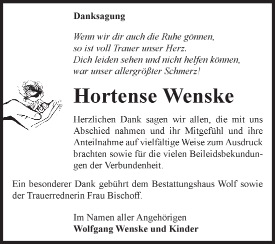 Traueranzeige von Hortense Wenske von Volksstimme Altmark Ost