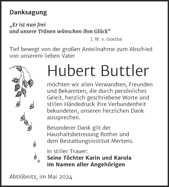 Traueranzeige von Hubert Buttler von Super Sonntag Naumburg/Nebra